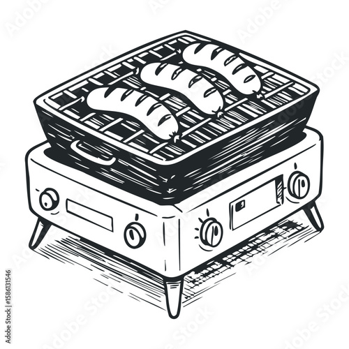 Retro style grill with sausages on a gas stove in black and white sketch. Hand drawn vector illustration