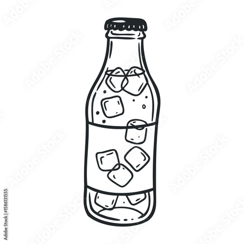 Sketch of a soda bottle with ice cubes in simple black line art. Hand drawn vector illustration