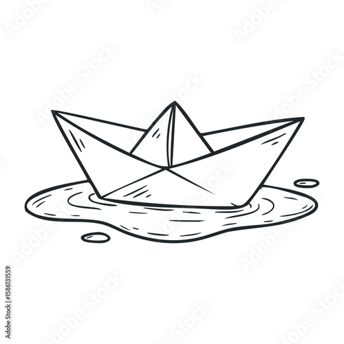 Hand-drawn paper boat in puddle - black and white minimalist nautical line art. Hand drawn vector illustration
