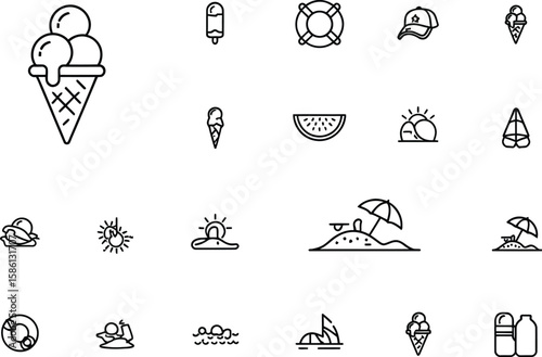Collection of Summer Linear Icons Ice Cream, Beach, Hat, Watermelon, Sun Outline Style
