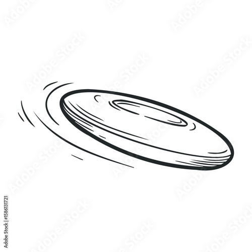 Spinning flying disc: black and white dynamic illustration of a frisbee in motion. Hand drawn vector illustration