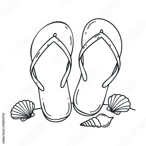 Flip-flop sandals with seashells in black and white line art style. Hand drawn vector illustration