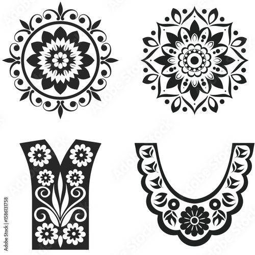 Black and white floral mandala neckline designs