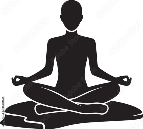 Black Silhouette of a Person Meditating in Lotus Position on a Stone