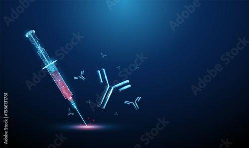 Syringe injecting vaccine, antibody-based drug with flying antibodies around. Immunotherapy, vaccination, immune response activation, monoclonal antibody treatment concept.