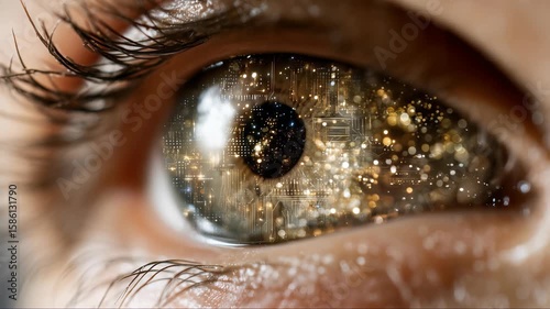 Close-up of a human eye reflecting a cosmic landscape with digital patterns and sparkling elements during a creative art session