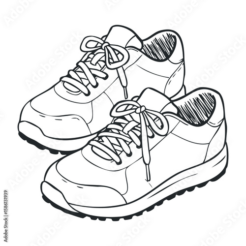 Black and white sketch of casual sneakers with detailed laces and textured soles. Hand drawn vector illustration