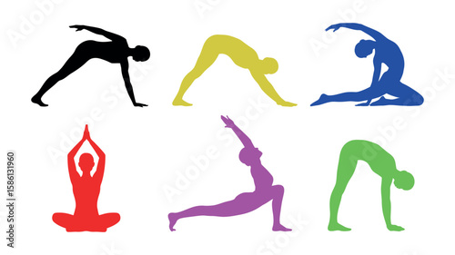 Colorful yoga pose silhouettes showing various stretching and meditation positions illustration
