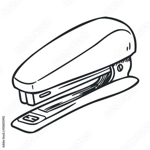 Monochrome stapler drawing on white background for office use. Hand drawn vector illustration