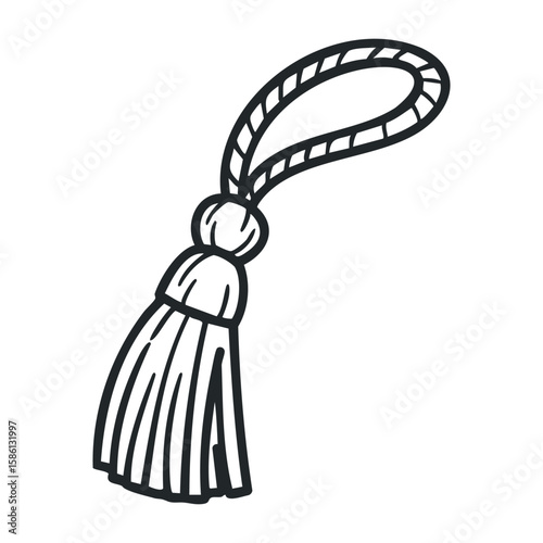 Black and white line drawing of a decorative tassel with rope detail. Hand drawn vector illustration