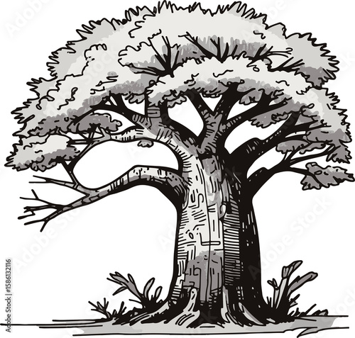 Vector illustration of an old tree with roots and branches silhouette on white background