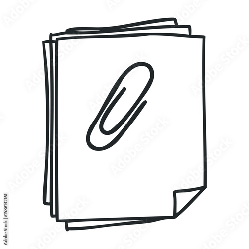 Simple line art stack of papers with paperclip on top. Hand drawn vector illustration