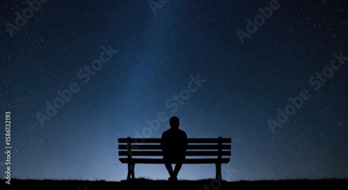 Solitary Contemplation Under the Stars: A person sitting on a bench silhouetted against a starlit sky, evoking a sense of introspection and wonder.