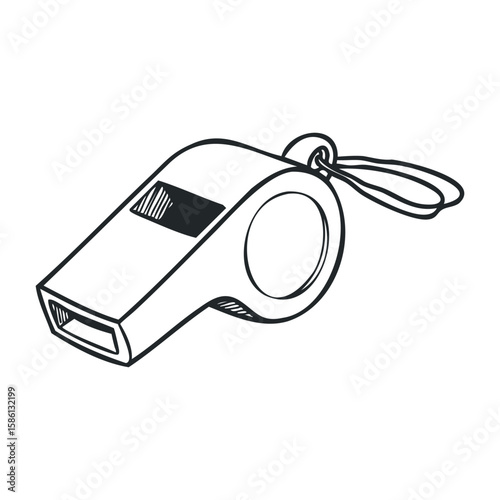 Black and white line drawing of a whistle with lanyard for sports and recreation. Hand drawn vector illustration