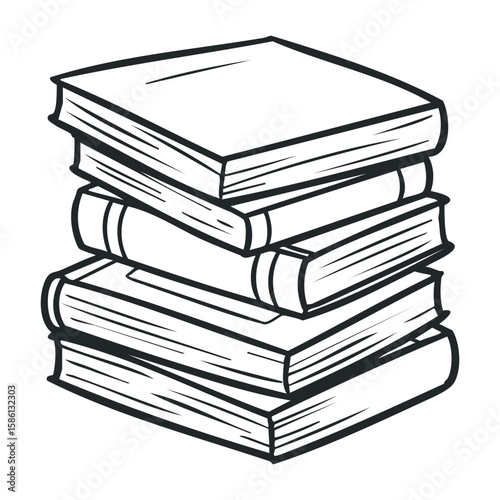 Stack of five black and white books in sketch style. Hand drawn vector illustration