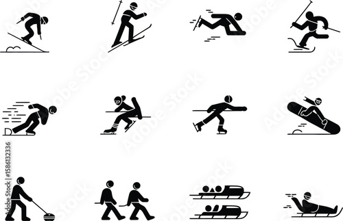 Diverse Winter Sports Pictogram Set Isolated on Transparent Background for Web Design
