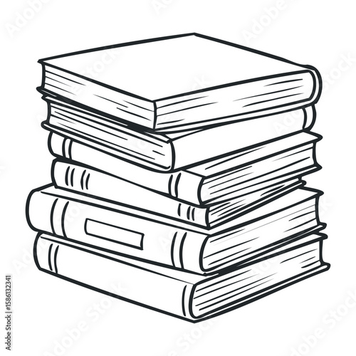 Stack of six books in black and white outline illustration on white background. Hand drawn vector illustration