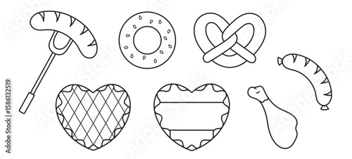 Oktoberfest, large vector set, traditional food, pastries and snacks, simple white and black icons