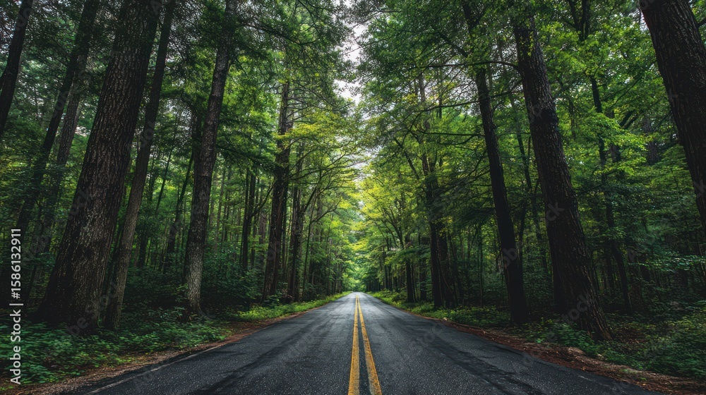 Fototapeta premium Asphalt road cuts through lush forest, tall trees towering above, natural light