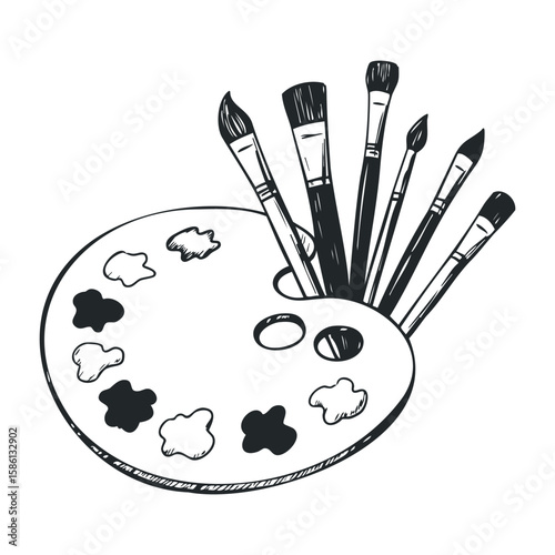 Sketch of artist's palette with paintbrushes and color samples. Hand drawn vector illustration