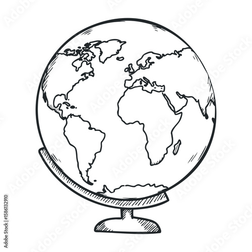 Hand-drawn sketch of a globe showing continents and oceans in black lines. Hand drawn vector illustration