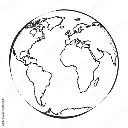 Black and white earth sketch featuring continents in outline style. Hand drawn vector illustration