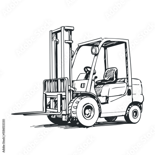 Black and white forklift sketch illustration - industrial vehicle line art design. Hand drawn vector illustration