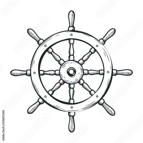 Nautical ship wheel illustration with detailed vintage design and classic maritime style. Hand drawn vector illustration