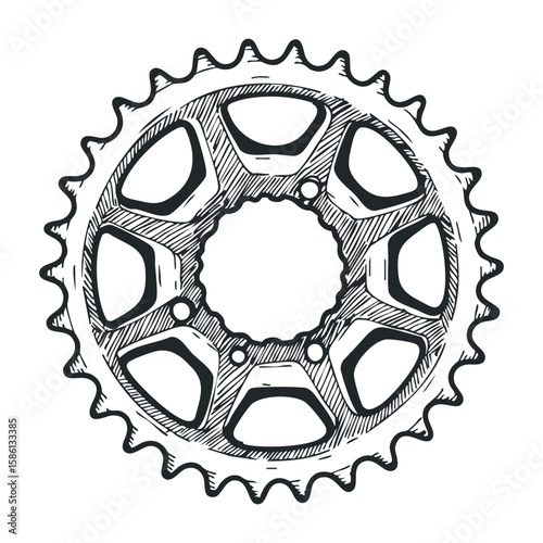 Hand-sketched bicycle gear design featuring detailed sprocket and teeth. Hand drawn vector illustration