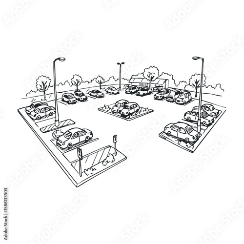 Black and white line drawing of an outdoor parking lot with multiple cars and trees. Hand drawn vector illustration
