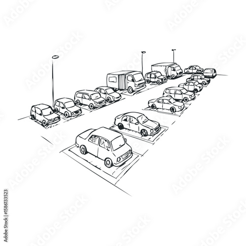 Line drawing of parking lot with cars and vans in urban setting. Hand drawn vector illustration