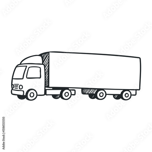 Simple black and white outline of a long cargo truck with rear trailer. Hand drawn vector illustration