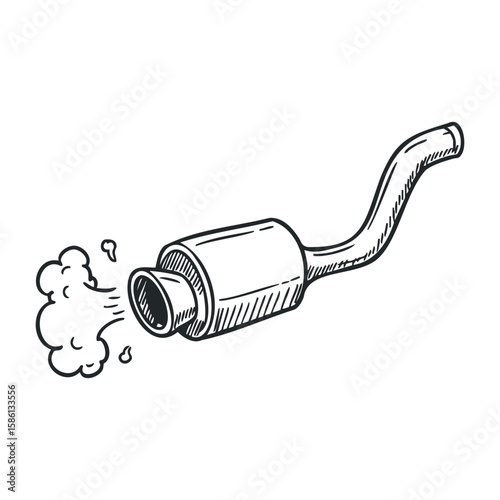 Exhaust pipe sketch with emissions coming out on white background. Hand drawn vector illustration