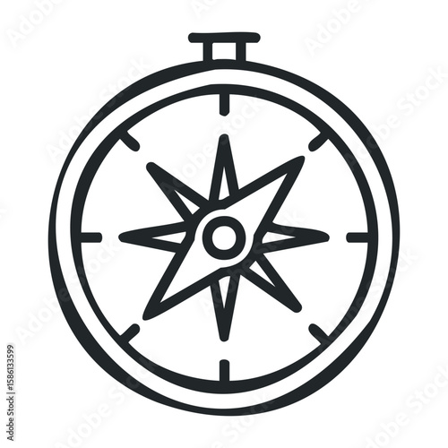 Black and white simplified compass icon with minimalistic design elements. Outline vector illustration