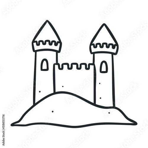 Simple castle outline with two towers and wavy hill in black and white. Outline vector illustration