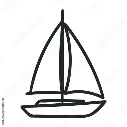 Simple black outline sailboat drawing on white background. Outline vector illustration