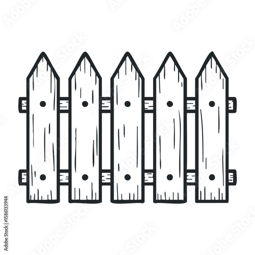 Simple black and white wooden picket fence illustration with five planks. Outline vector illustration