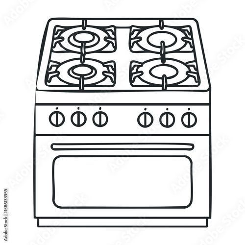 Simple black and white illustration of a four-burner gas stove with oven. Outline vector illustration