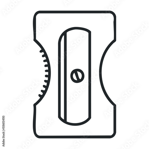 Black and white line art of a single-hole pencil sharpener. Outline vector illustration