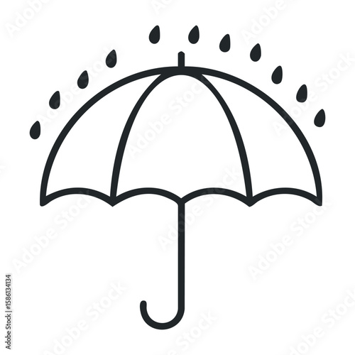 Simple black umbrella with raindrops line icon on white background. Outline vector illustration