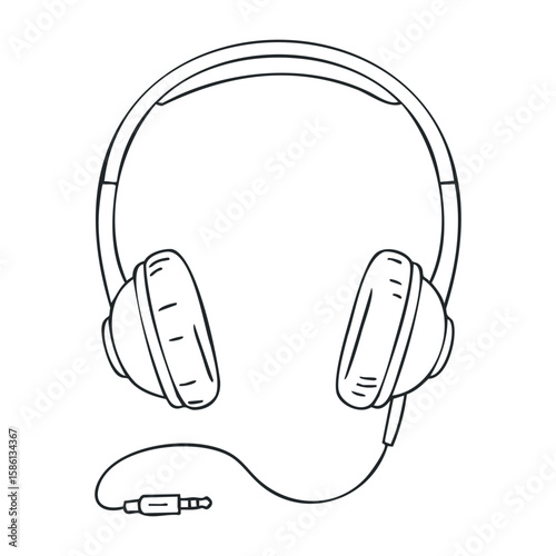 Black and white line drawing of wired over-ear headphones. Outline vector illustration