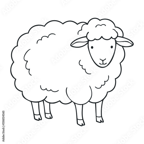 Cute cartoon sheep with fluffy wool outline drawing on white background. Outline vector illustration