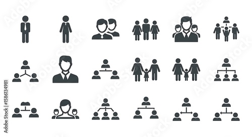 Diverse People Pictograms Representing Groups, Individuals, Families, and Organizational Hierarchy for Visual Communication: Set of Illustrations