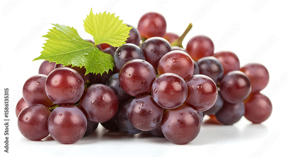 Obraz premium Ripe red grapes with green leaf and water droplets image
