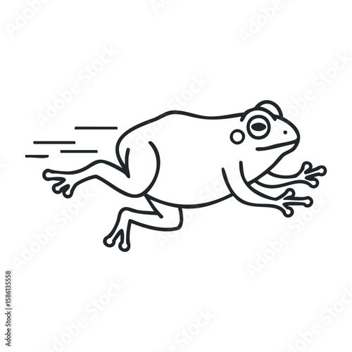 Simple line drawing of frog in mid-jump with motion lines. Outline vector illustration