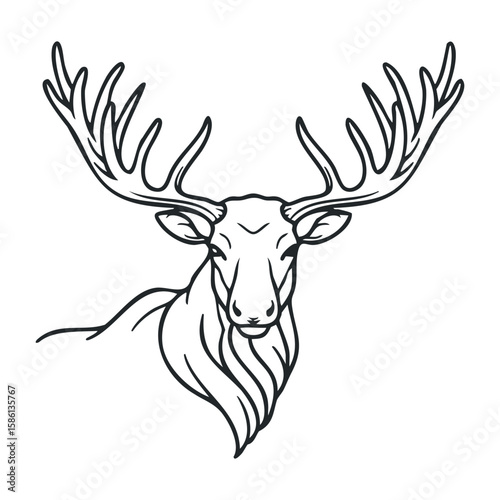 Elegant deer outline with majestic antlers in minimalist black and white sketch. Outline vector illustration