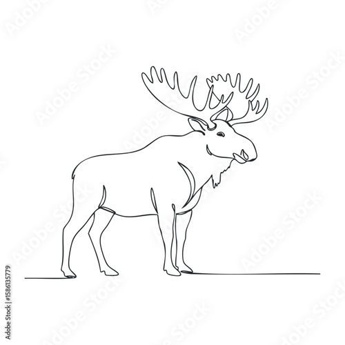 Minimalist line drawing of majestic moose with large antlers on white background. Outline vector illustration