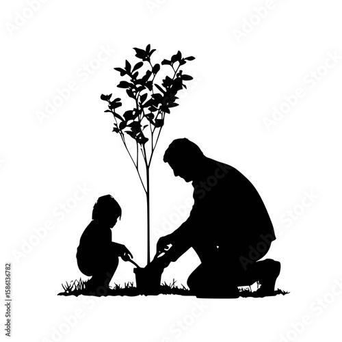Accessible Father With Cane Helping Child Garden Tree Planting Silhouette Vector
