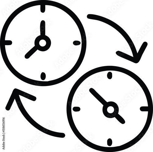 Time exchange line art design with round clocks and cycle arrows