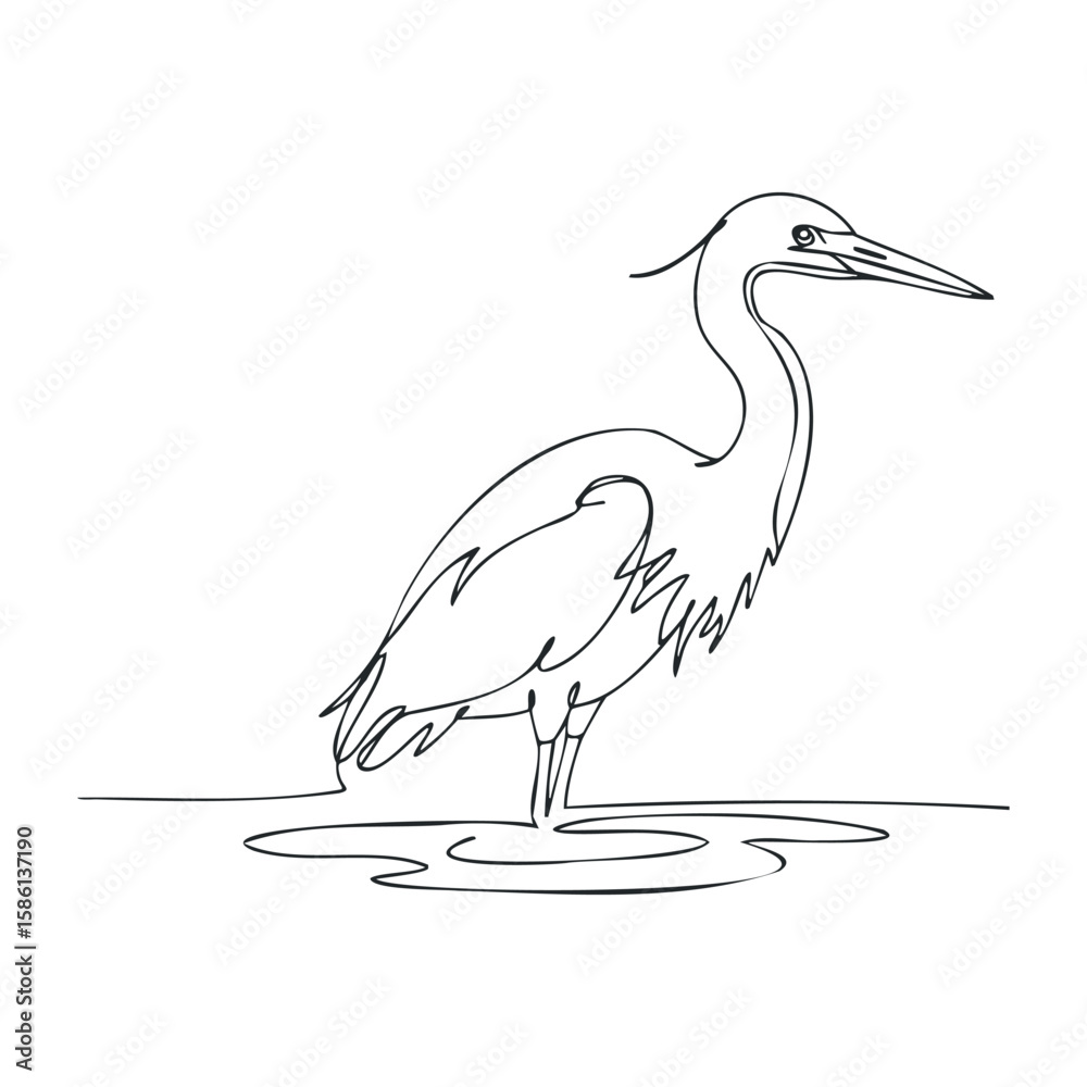 Fototapeta premium Elegant line art of heron standing in water. Outline vector illustration